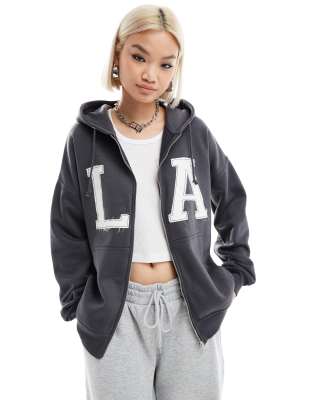 oversized charcoal applique zip up hoodie-Gray