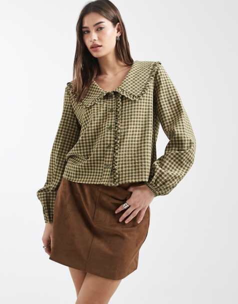 Daisy Street oversized collar shirt in khaki brown check - view 1