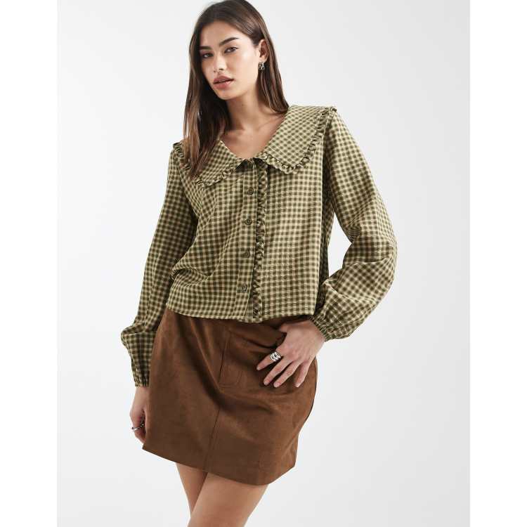 Daisy Street oversized collar shirt in khaki green and brown plaid | ASOS