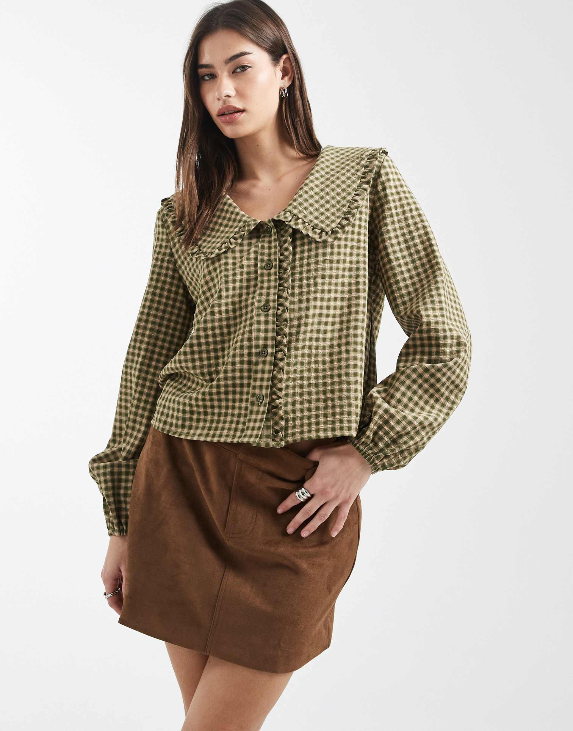 daisy street oversized collar shirt in khaki green and brown plaid