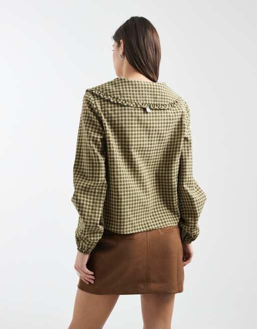 Daisy Street oversized collar shirt in khaki green and brown plaid, 2 of 4