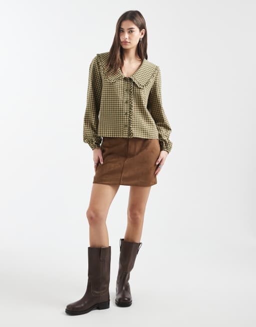 Daisy Street oversized collar shirt in khaki green and brown plaid, 3 of 4