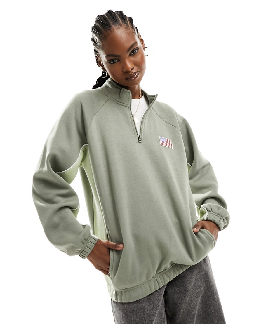 Daisy Street oversized funnel neck sweatshirt with flag embroidery-Green