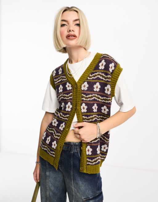 Daisy Street Knitted Oversize Checkerboard Sweater Vest - Multi