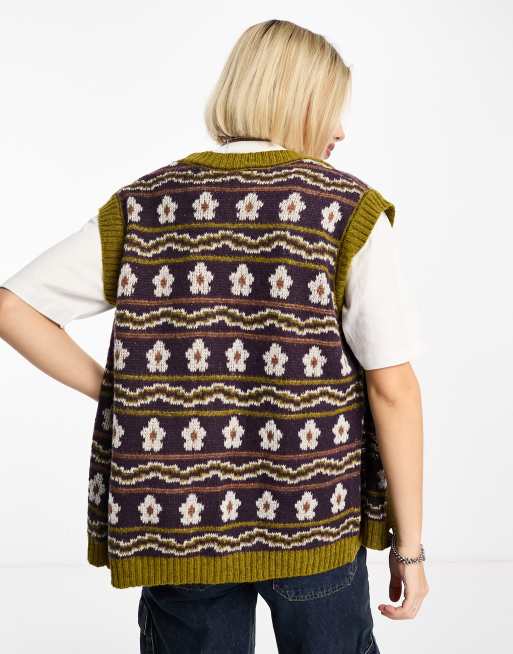 Daisy Street Knitted Oversize Checkerboard Sweater Vest - Multi