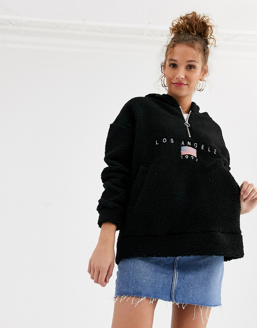Daisy Street oversized half zip hoodie with los angeles embroidery in borg-Black
