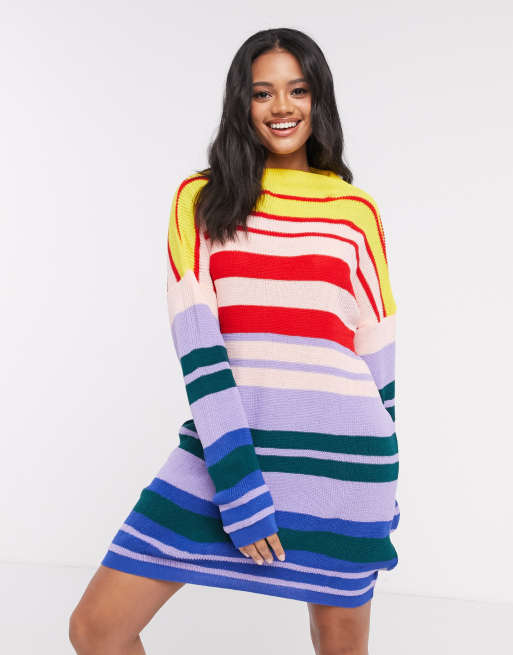 Daisy Street oversized jumper dress in rainbow knit stripe ASOS