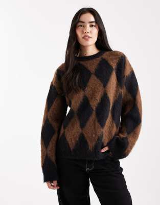 Daisy Street Daisy Street oversized jumper in brown and black diamond print-Multi