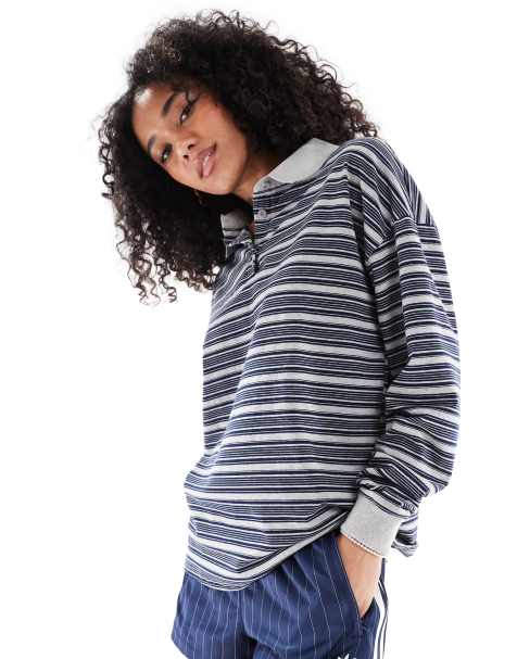 Daisy Street oversized long sleeve ribbed cuff rugby top in navy gray stripe - view 1