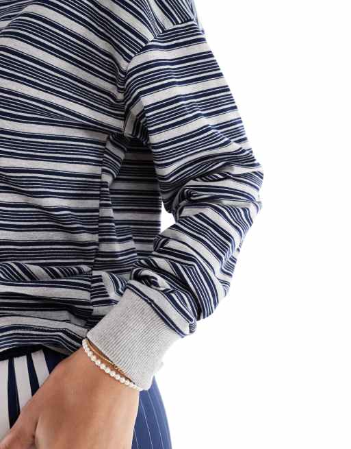 Daisy Street oversized long sleeve ribbed cuff rugby top in navy gray stripe, 3 of 4