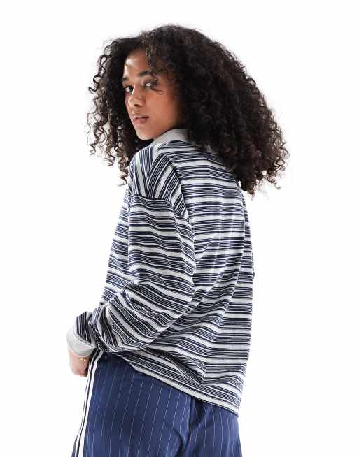 Daisy Street oversized long sleeve ribbed cuff rugby top in navy gray stripe, 4 of 4