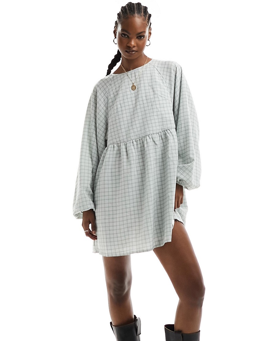 Daisy Street oversized long sleeve smock dress in washed check-Green