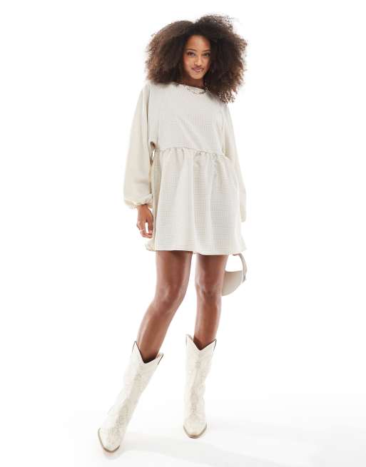 Daisy Street oversized long sleeve smock mini dress in washed sand plaid