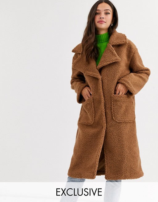 Daisy Street oversized longline coat in teddy fleece