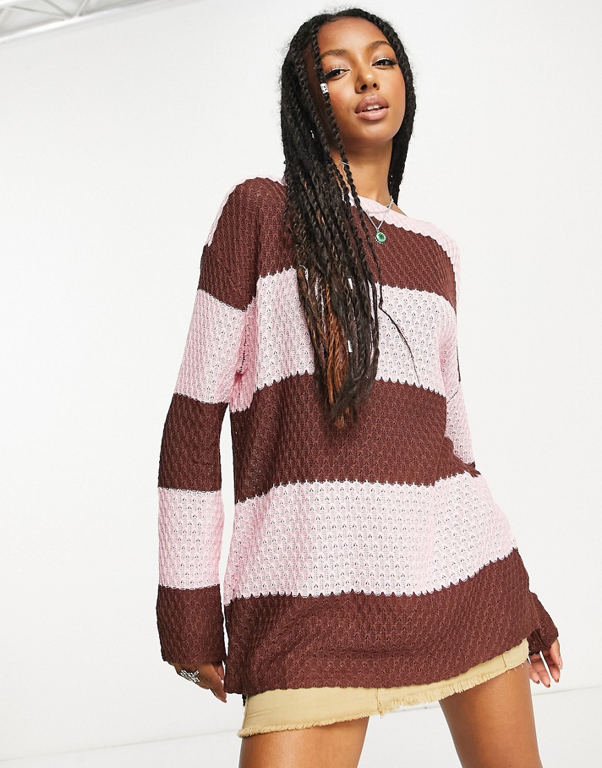 Daisy Street Oversized Open Knit Sweater In Brown Pink Stripe-multi