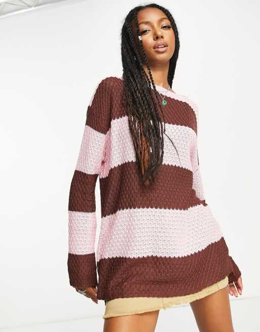 Oversized Jacquard-knit Sweater - Brown/striped - Ladies