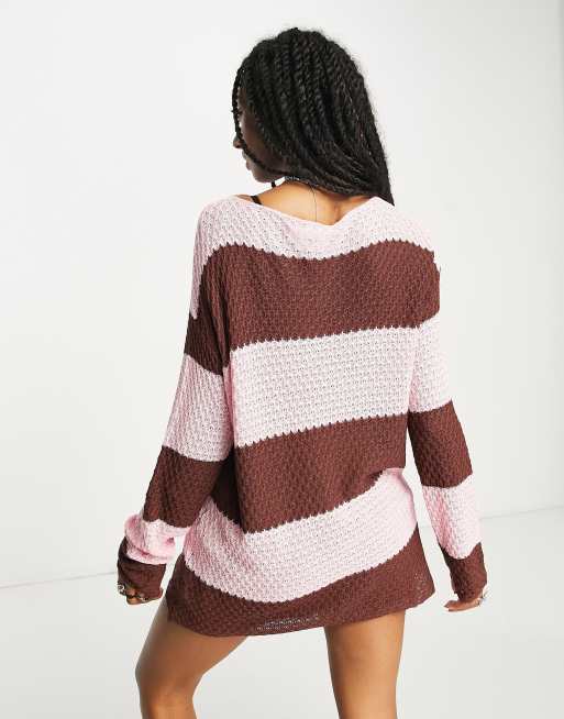 Daisy Street oversized open knit sweater in brown pink stripe | ASOS