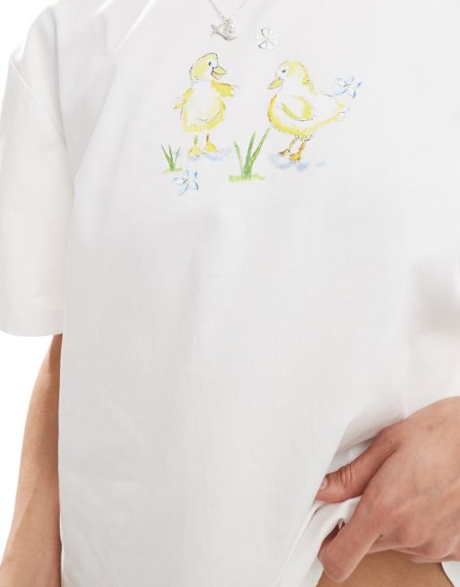 Daisy Street oversized pyjama t-shirt with duck graphic in white, 3 of 4