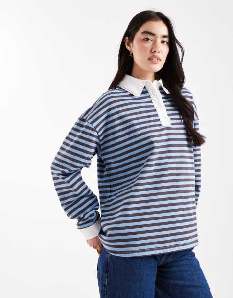 Daisy Street oversized rugby polo in blue chocolate stripe - view 1