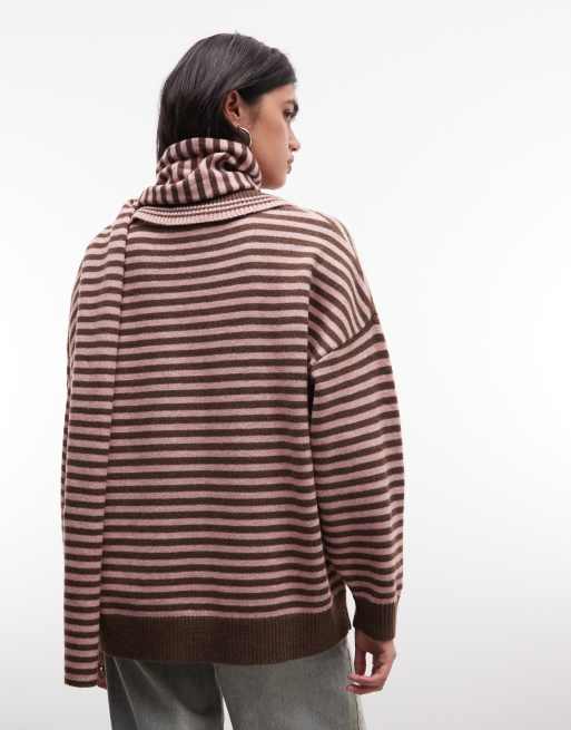 Daisy Street oversized stripy knit jumper with collar in brown and pink, 4 of 4