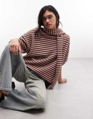 Daisy Street Oversized Stripy Knit Sweater With Collar In Brown