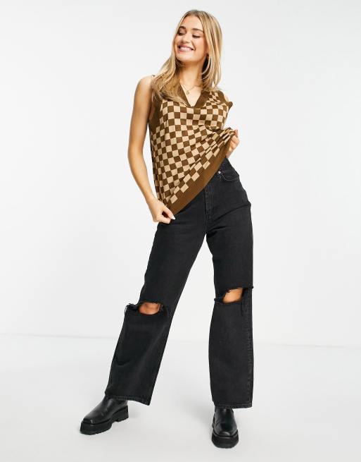 Daisy Street oversized sweater vest in brown checkerboard knit - part of a set, 3 of 4