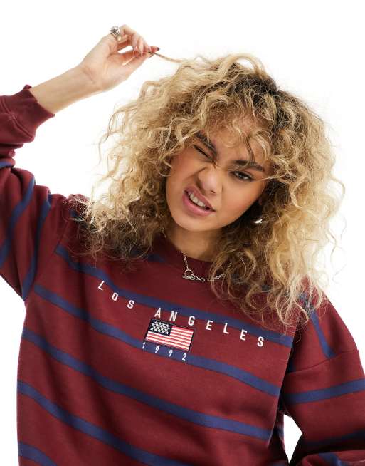 Daisy Street oversized sweatshirt in navy burgundy stripe with LA