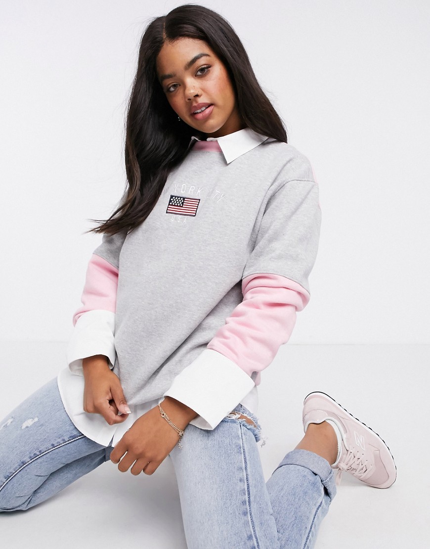 Daisy Street oversized sweatshirt with new york embroidery in color block-Grey