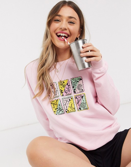 Daisy Street oversized sweatshirt with tarot cards print in pink