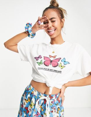 Daisy Street oversized t-shirt and pyjama bottoms set with scrunchie in butterfly print
