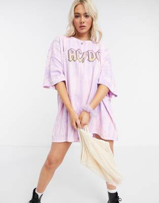 Daisy Street Oversized T-shirt Dress With Acdc Graphic In Tie Dye-purple In Purple