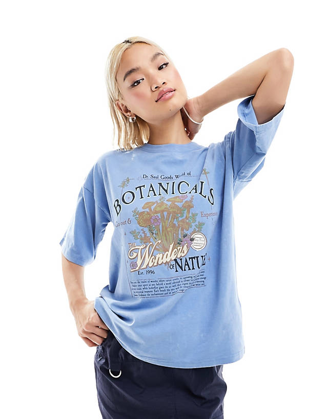 Daisy Street - oversized t-shirt in washed blue with botanical graphic