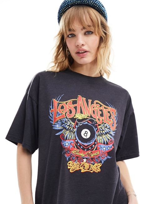 Daisy Street - Oversized T-shirt med grafisk 'Los Angeles'-print i vasket sort