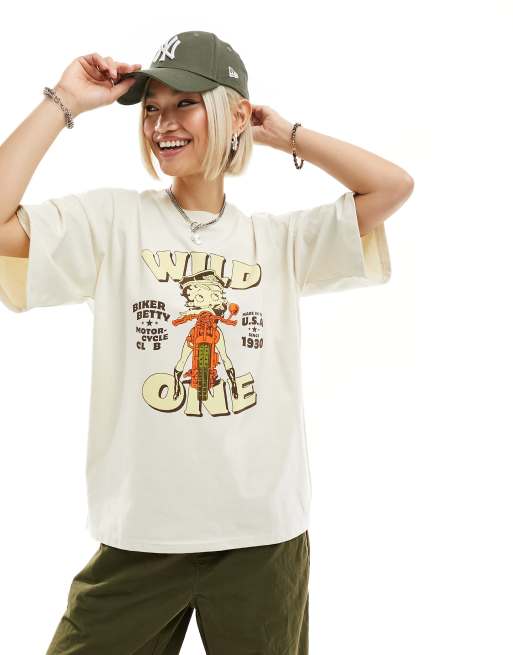 Daisy Street - Oversized T-shirt med 'Wild'- og Betty Boop-print i beige