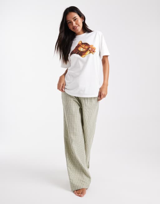 Daisy Street - Oversized T-shirt met print van slapende kat in wit, 2 van 4