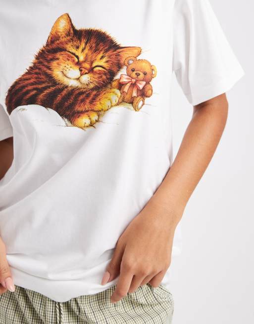 Daisy Street - Oversized T-shirt met print van slapende kat in wit, 3 van 4
