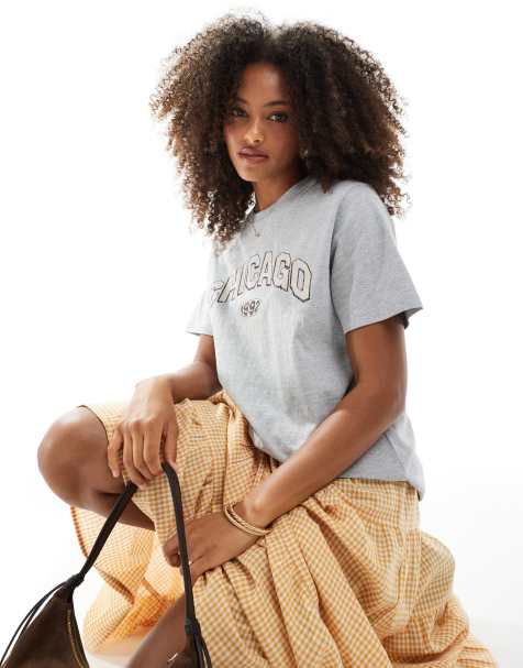 Daisy Street oversized t-shirt with chicago graphic in grey marle - view 1