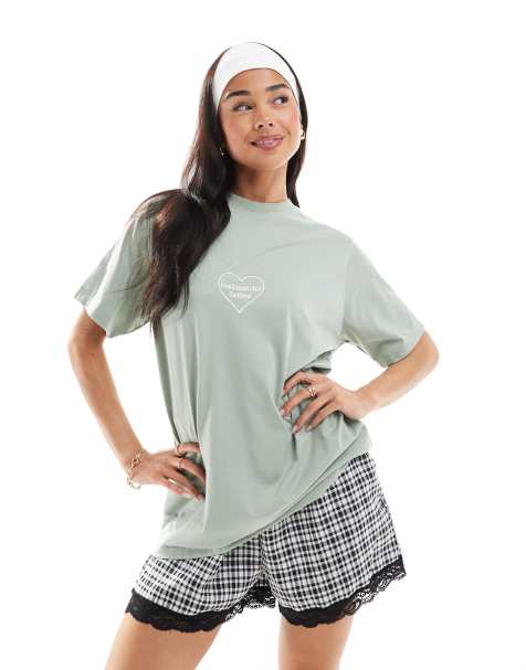Daisy Street oversized t-shirt with matcha graphic in matcha - view 1