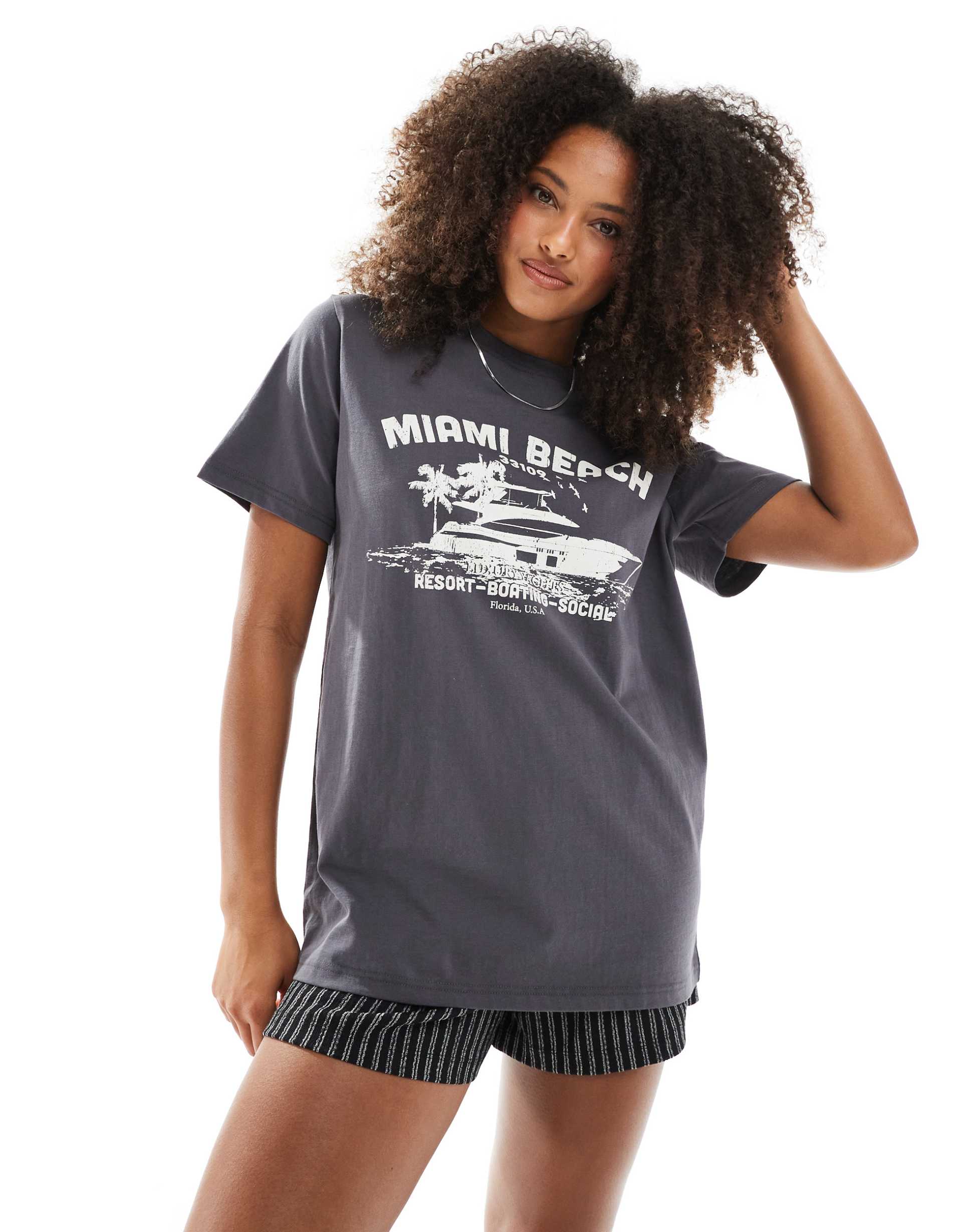 daisy street oversized t-shirt with miami beach graphic in charcoal