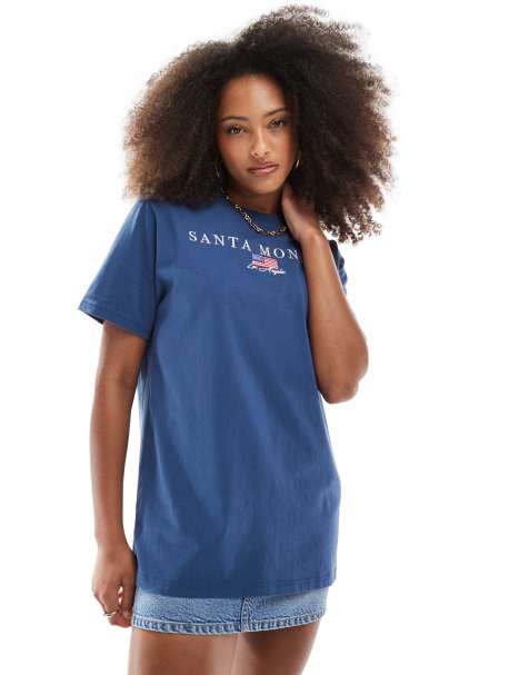 Daisy Street oversized t-shirt with santa monica graphic in navy - view 1