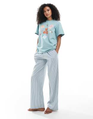 Daisy Street Oversized Tee And Striped Pants Pajama Set In Multi