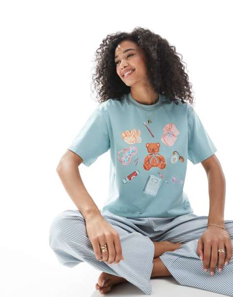 Daisy Street oversized tee and striped trouser pyjama set in  blue - view 1