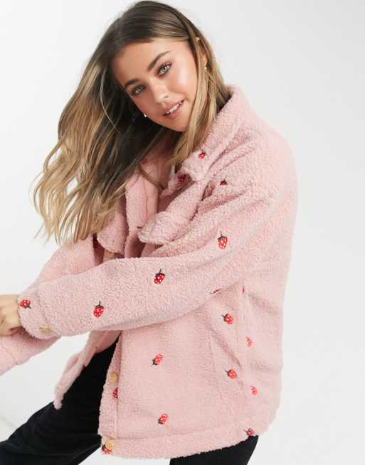 Daisy Street oversized trucker jacket with strawberry embroidery in teddy  fleece | ASOS