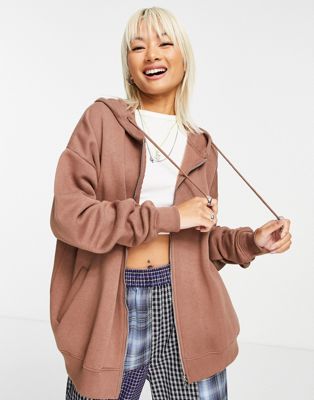 Daisy Street oversized zip front hoodie in brown - ASOS Price Checker