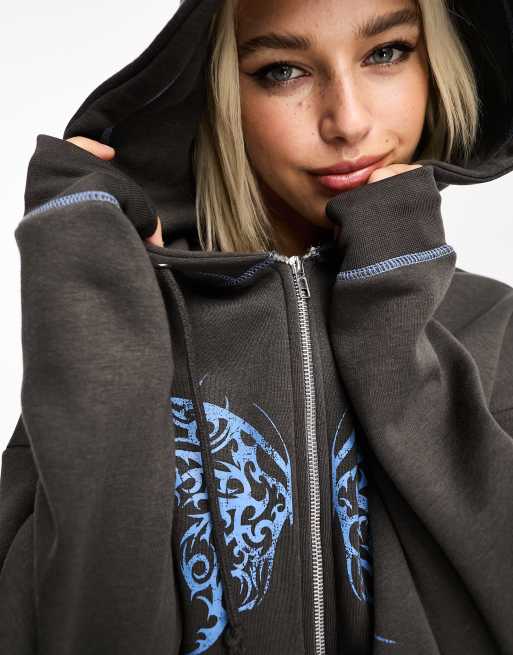 Daisy Street oversized zip front hoodie in washed gray with butterfly  graphic