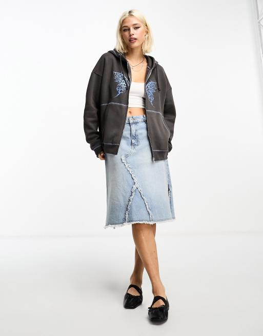 Daisy Street oversized zip front hoodie in washed gray with butterfly  graphic