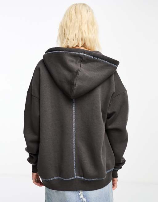 Daisy Street oversized zip front hoodie in washed gray with butterfly  graphic