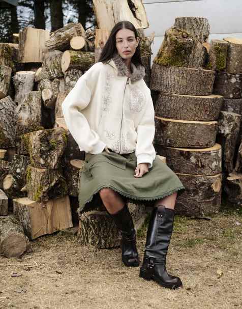 Daisy Street oversized zip up folktale hoodie with faux fur hood and graphics in stone - view 1
