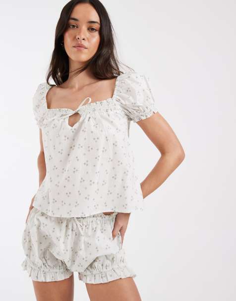 Daisy Street pajama babydoll smock top and bloomer shorts in ditsy floral - view 1