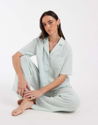 Daisy Street Pajama Shirt And Matching Pants In Blue